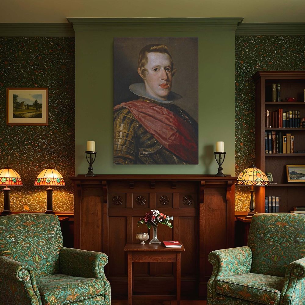 Velazquez canvas wall art of Spanish King Philip IV in glistening armor with formal pose and dignified expression, complemented by a red ceremonial sash and soft lighting that highlights the baroque balance of power and humanity in royal art.