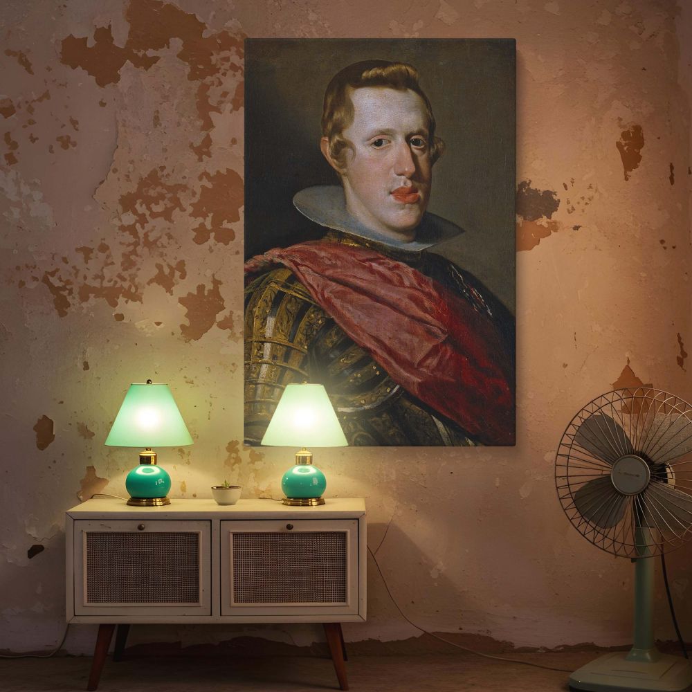 Canvas wall art capturing Velazquez's portrait of Philip IV standing with confidence in armor, exuding noble presence and calm intensity, representing Spanish royal dignity and making a powerful impression in classic home decor settings.