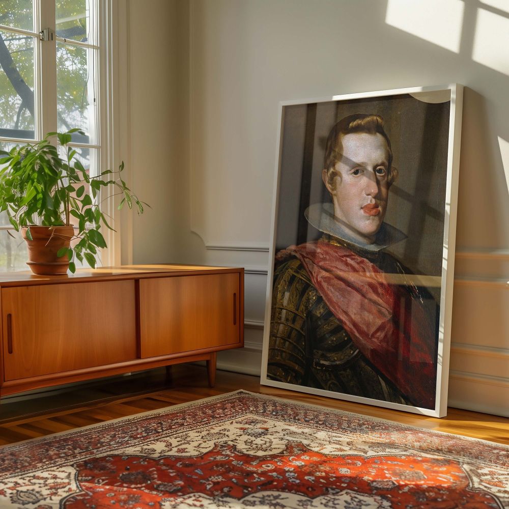 Historical canvas wall art showing King Philip IV in armor with red sash against a shadowed backdrop, emphasizing noble simplicity and leadership as portrayed by baroque master Velazquez, perfect for libraries, offices, and regal wall arrangements.