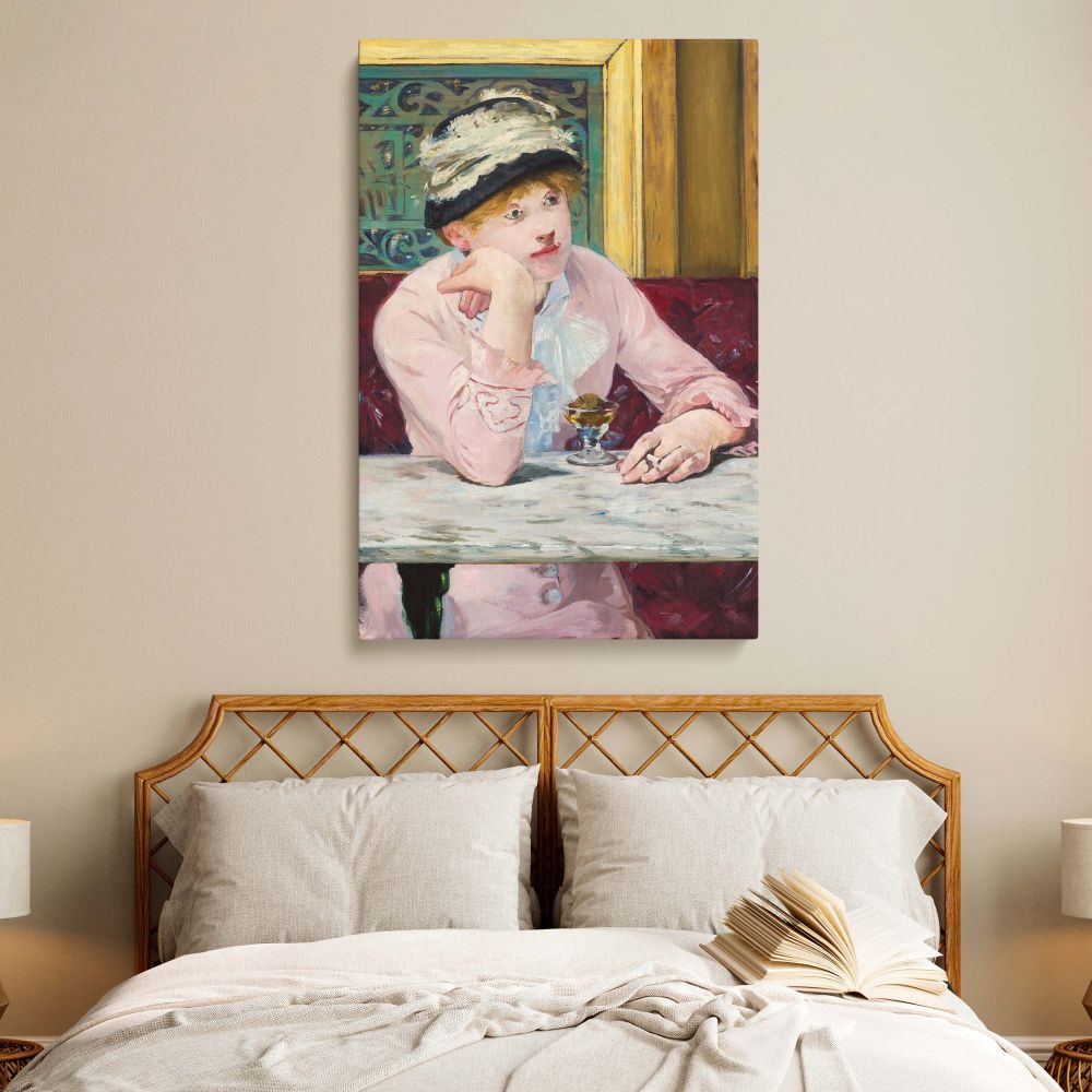 Plum Brandy (c.1877) canvas wall art print featuring Edouard Manet's Impressionist painting of a woman seated in a Parisian cafe, a nostalgic French artwork perfect for elegant home decor, stylish office walls, or vintage bar decoration.