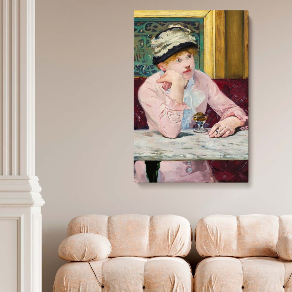 High-quality framed canvas print of Plum Brandy by Edouard Manet, showcasing a contemplative woman in soft pink, a timeless Impressionist masterpiece ideal for classic French interiors, artistic coffee shops, or sophisticated office spaces.
