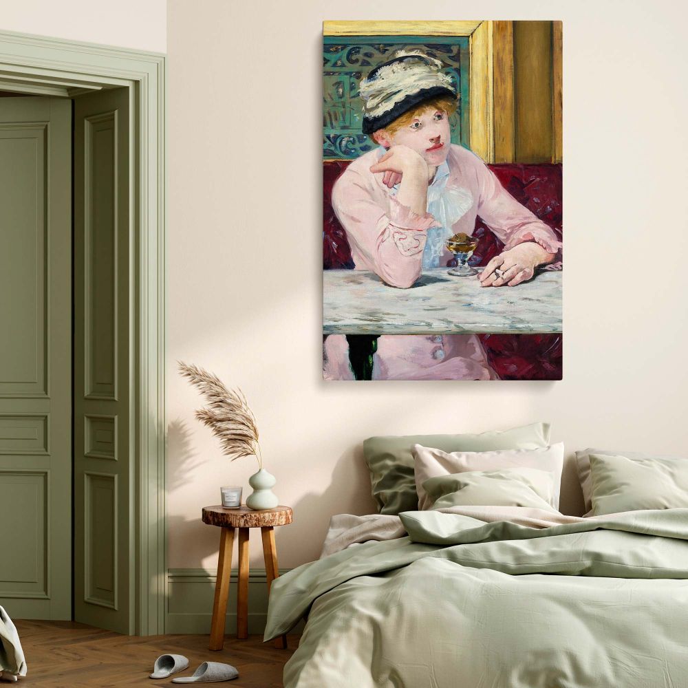 Elegant Impressionist wall art of Plum Brandy by Manet, printed on premium fade-resistant canvas, a stunning 19th-century cafe scene perfect for refined home decor, cozy wine bars, or vintage European-inspired office interiors.
