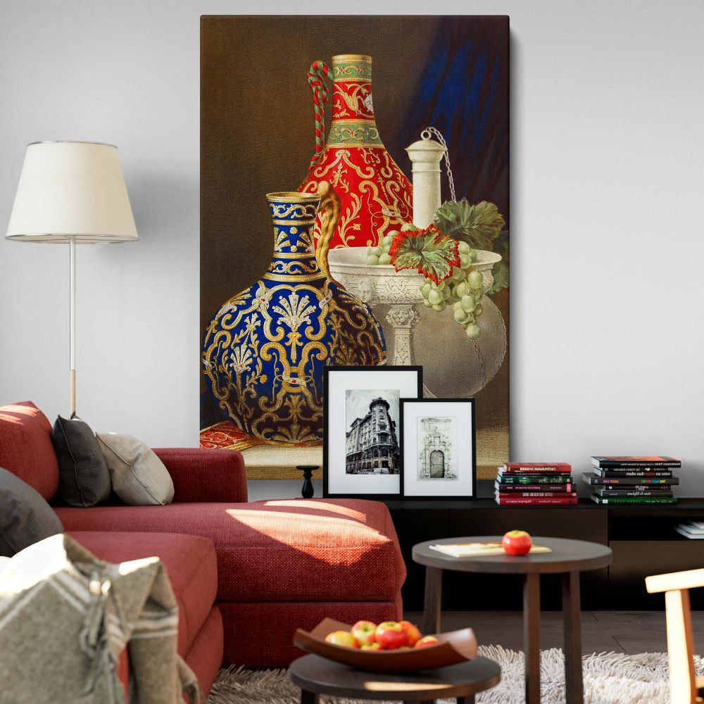 Group of Objects in Porcelain vintage canvas print, featuring ornate vases, a sculpted pedestal, and fine porcelain from Sir Matthew Digby Wyatt's 1851 Industrial Arts, a museum-quality reproduction perfect for elegant home or office decor.