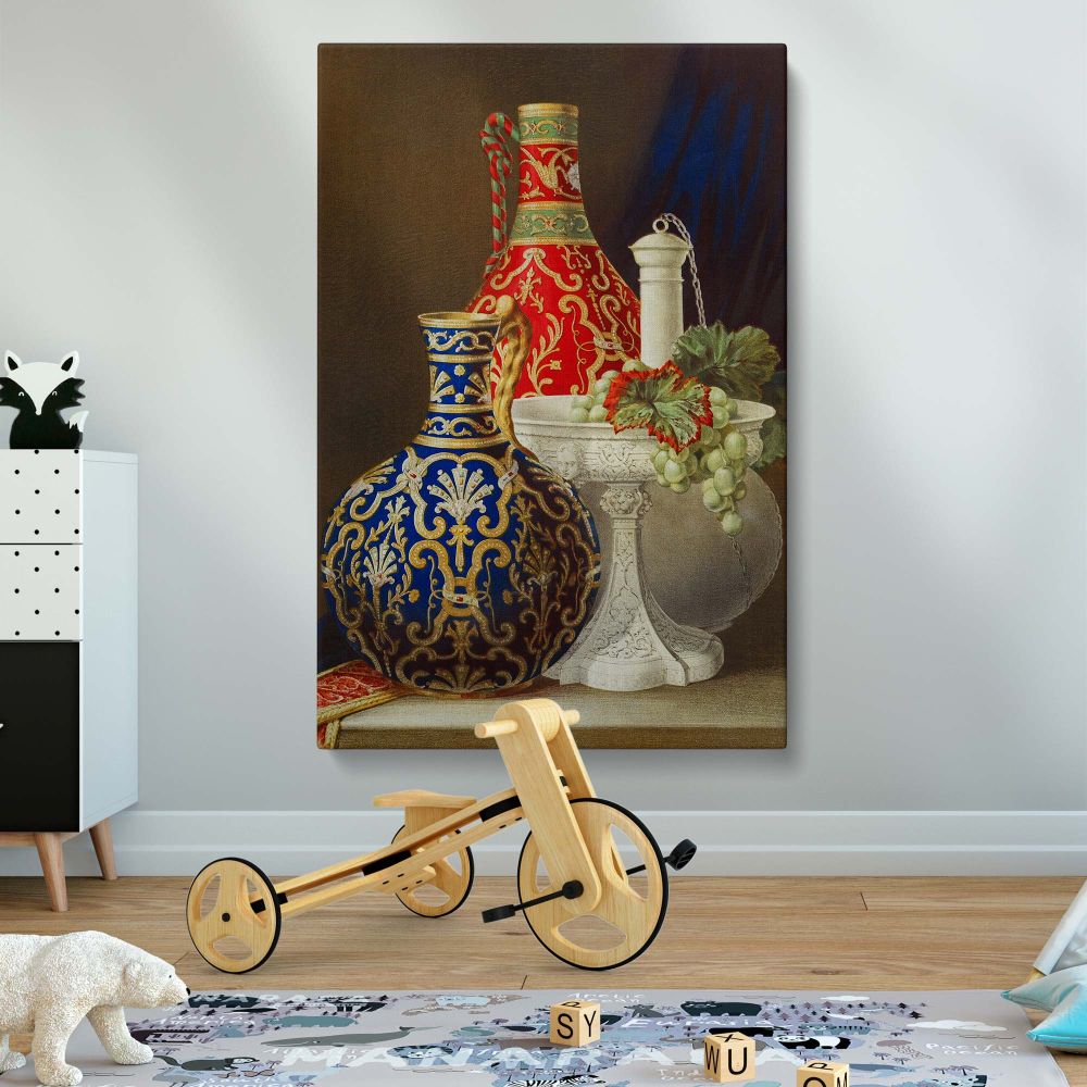 Antique porcelain still-life canvas print, a Victorian-era illustration showcasing decorative vases, intricate craftsmanship, and a classical pedestal, a high-quality reproduction ideal for classic home decor, art collectors, and history enthusiasts.