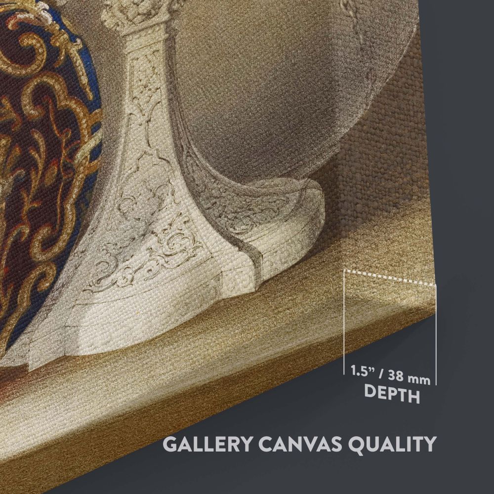 Industrial Arts porcelain artwork canvas print, a museum-grade reproduction of a 19th-century still life painting featuring luxurious porcelain vases, elegant baroque design, and intricate details, perfect for historical home and office decor.