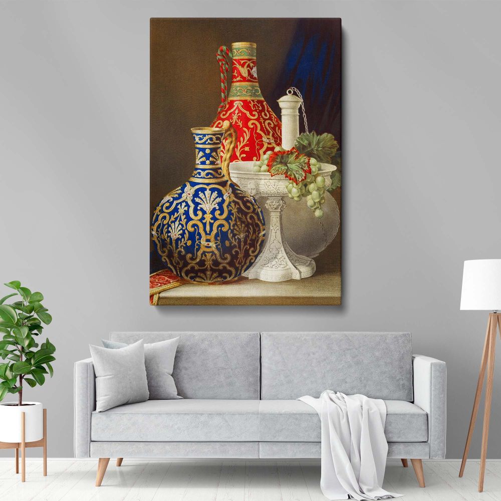 Victorian still-life porcelain illustration on canvas, a high-resolution reproduction of an ornate 19th-century artwork, featuring gold-accented vases and a delicate sculpted pedestal, perfect for museum-quality home and office wall art.