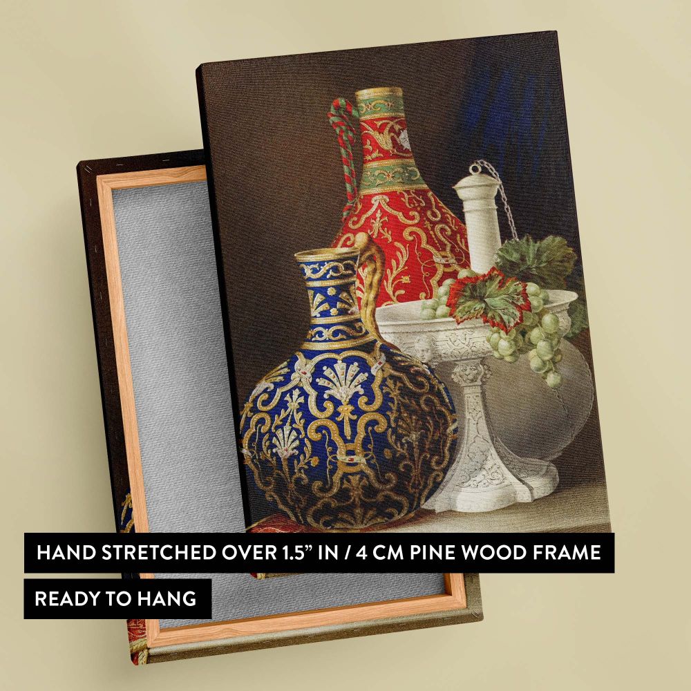 High-quality canvas print of 19th-century porcelain objects, a stunning Industrial Age still life from Sir Matthew Digby Wyatt, featuring decorative vases, baroque details, and a classical composition, ideal for collectors and history enthusiasts.