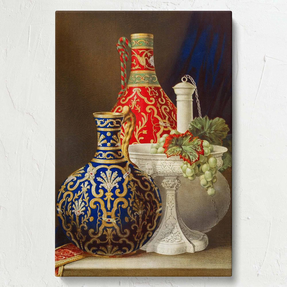 Timeless antique porcelain art canvas print, an intricate 1851 illustration highlighting luxurious vases and fine craftsmanship, a museum-grade reproduction for sophisticated home decor, classical interiors, and fine art collectors.
