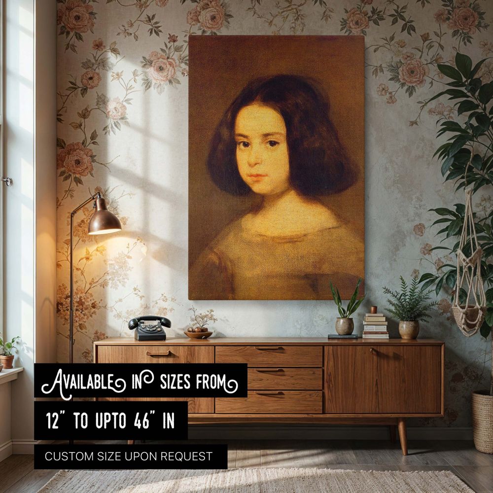 Canvas wall art of Portrait of a Little Girl by Diego Velazquez features a young child with a solemn gaze, painted in soft warm tones and earthy hues, offering a timeless depiction of innocence and quiet elegance for vintage-inspired or classical home dec