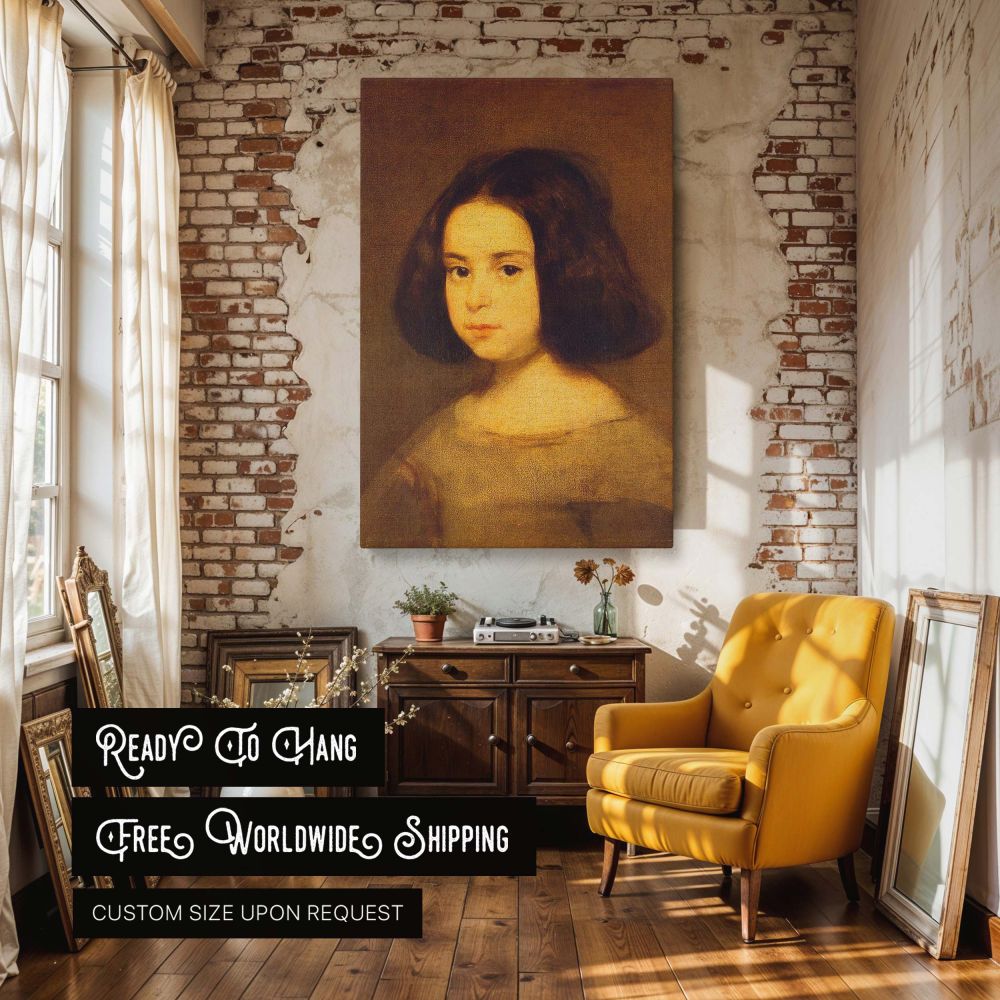 Portrait of a Little Girl by Diego Velazquez presented as canvas wall art reveals a moment of soft introspection in baroque style, with simple attire and a gentle face that invites a sense of serenity, perfect for timeless, vintage, or scholarly spaces.