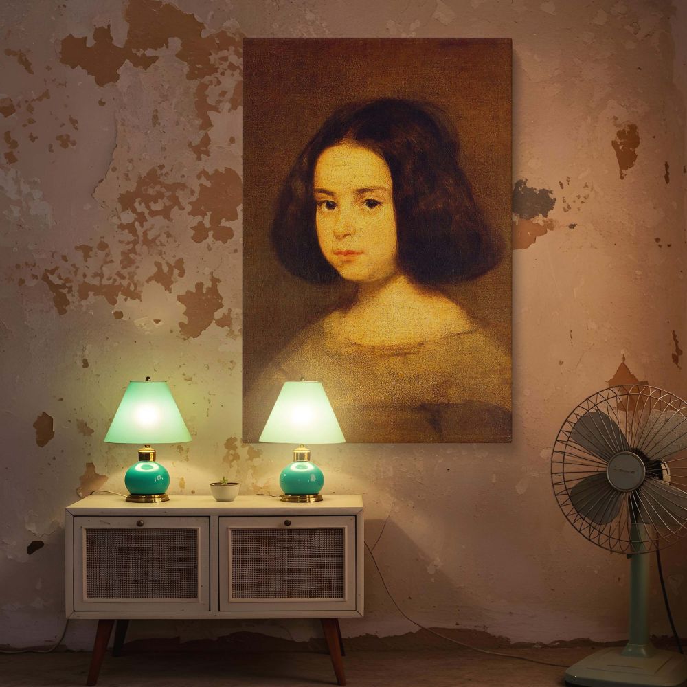 This moving canvas wall art of a young girl painted by Diego Velazquez offers a simple yet powerful image of innocence, rendered with baroque softness and minimalism, making it a beautiful focal point for bedroom walls or vintage gallery displays.
