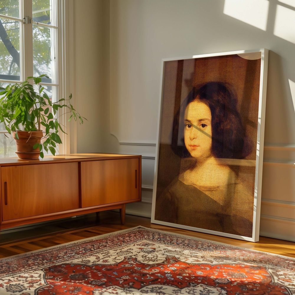 Museum-quality canvas wall art of Velazquez's Portrait of a Little Girl captures the quiet presence of a Spanish child, highlighting historical painting techniques and timeless charm suitable for classic interior styles and art appreciation.