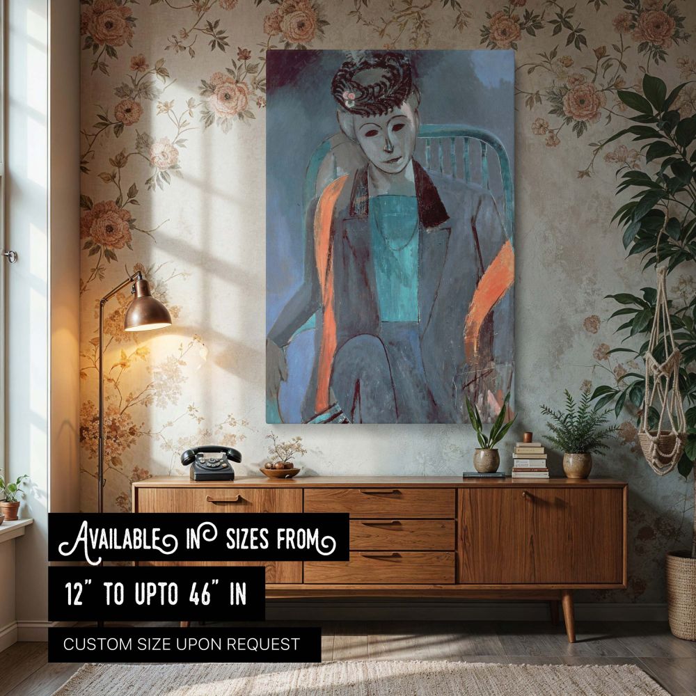 This wall canvas features Henri Matisse's striking portrait of his wife, rendered in a blend of bold teal, dark blue, and coral brushstrokes. The stylized composition emphasizes expressive form and saturated color, characteristic of the Fauvist period. He