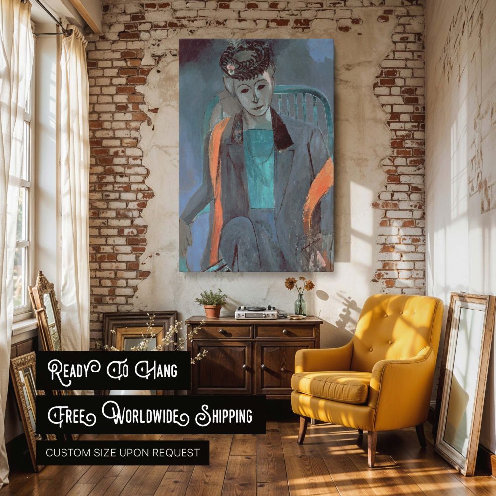 This wall canvas showcases a modernist portrait by Henri Matisse, featuring deep blue and coral tones with bold expressive lines. The woman's delicate yet confident expression adds human emotion to the abstract backdrop, balancing geometry and personality
