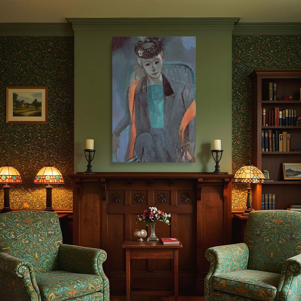 Matisse's portrait of his wife comes alive in this high-quality wall canvas featuring a dramatic blue palette and bursts of warm coral. The figure's pose, the linear detailing of her clothing, and the softly abstracted chair design together create a balan