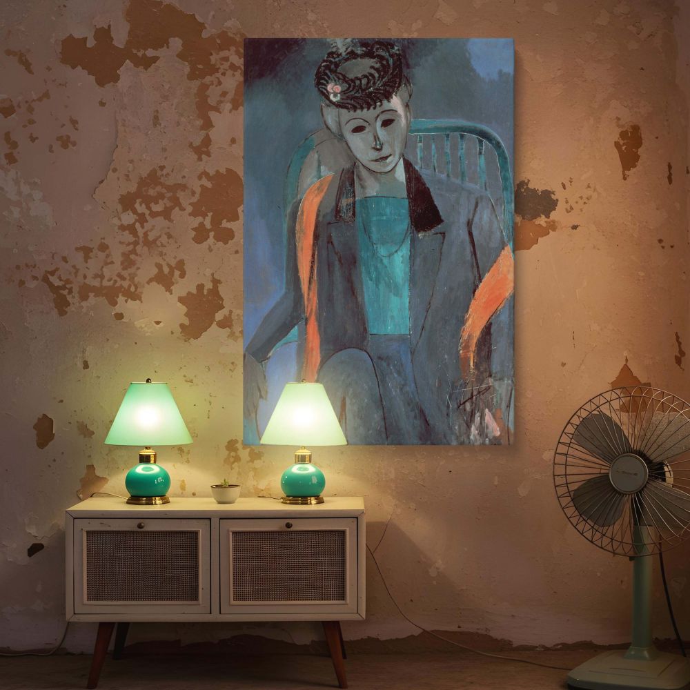 Henri Matisse's bold painting of his wife is transformed into a captivating wall canvas print, filled with sweeping teal tones and glowing coral accents. The background's abstract brushwork contrasts with the figure's poise, reflecting Matisse's signature