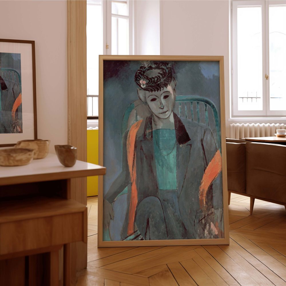 Featuring a contemplative portrait by Henri Matisse, this wall canvas blends soft blue hues with vivid orange tones in bold, simplified brushstrokes. The sitter's expression and form reflect emotional depth while the surrounding textures create a layered,
