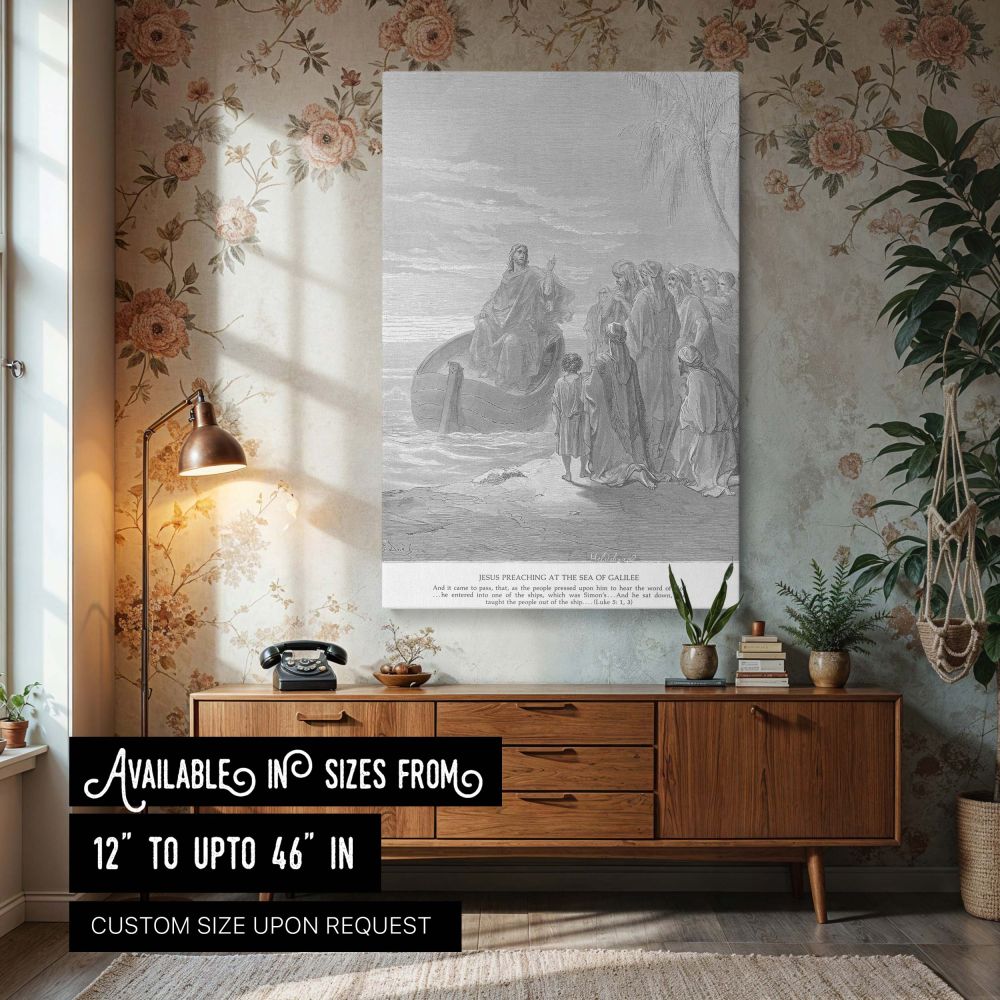 Canvas wall art of Jesus Preaches at the Sea of Galilee by Gustave Dore shows Christ seated in a boat with his hand raised, teaching a crowd on the shore, rendered in masterful biblical engraving ideal for church spaces or gospel-centered home decor.