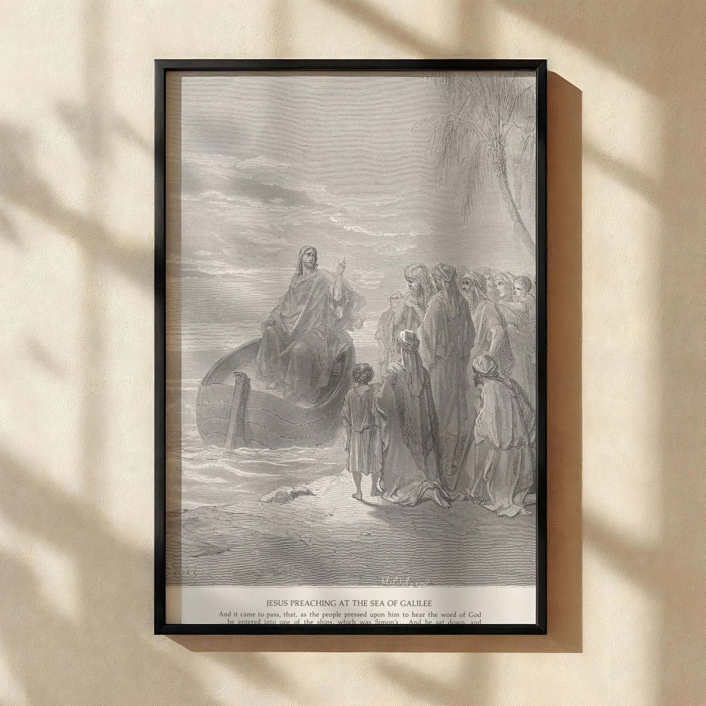 This canvas wall art features Jesus teaching from a boat near the shore of Galilee as men, women, and children gather attentively, captured by Gustave Dore in fine detail with calm seas and divine posture, perfect for peaceful spiritual interiors.