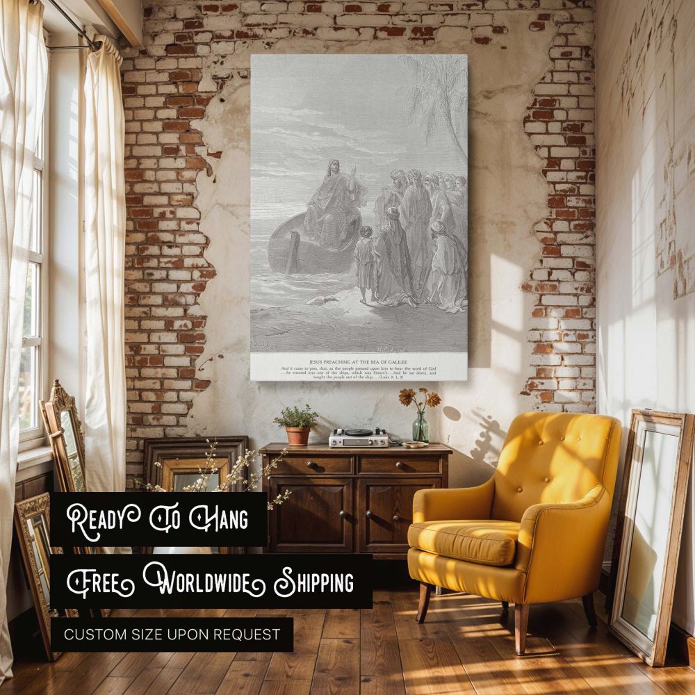 Gustave Dore's biblical engraving of Jesus preaching to a crowd from Simon's boat is brought to life in canvas wall art, showcasing a sacred teaching moment filled with serenity and spiritual wisdom for faith-based home or church environments.