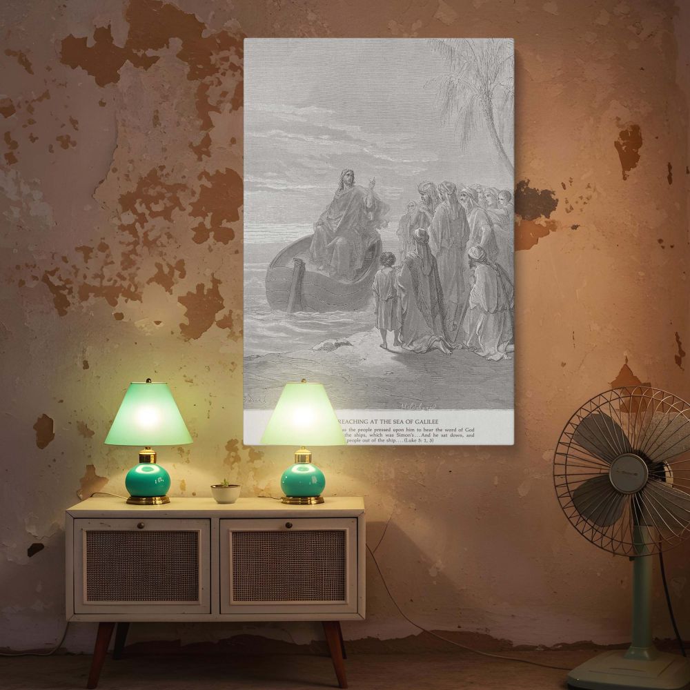 This peaceful canvas wall art of Jesus teaching on the Sea of Galilee depicts a serene gospel scene filled with spiritual grace, highlighted by detailed engraving style and sacred composition, ideal for prayer rooms and church offices.