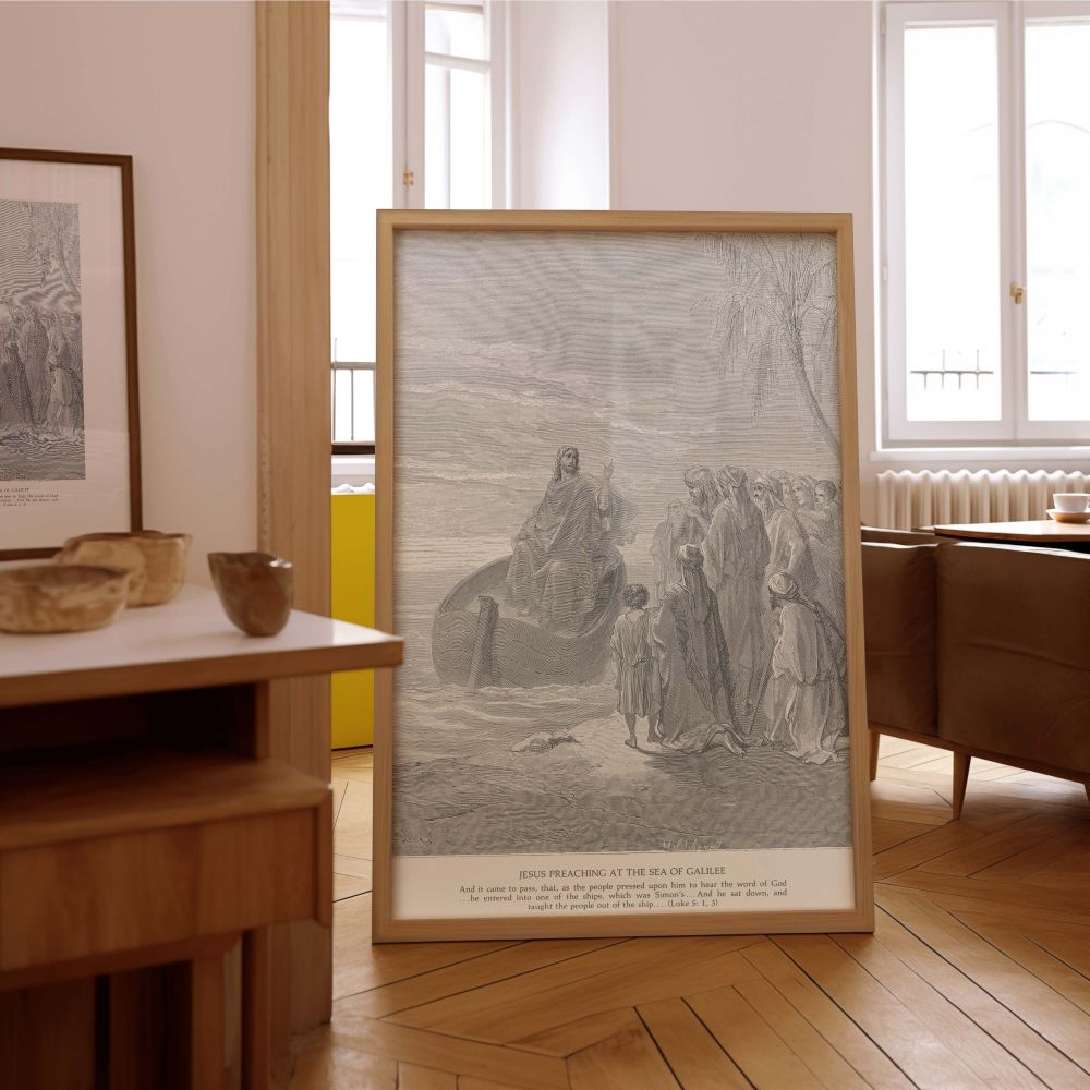 Gustave Dore's engraving of Christ speaking from the Sea of Galilee transformed into canvas wall art presents a gentle but powerful gospel moment, ideal for Christian meditation spaces and inspirational wall displays.