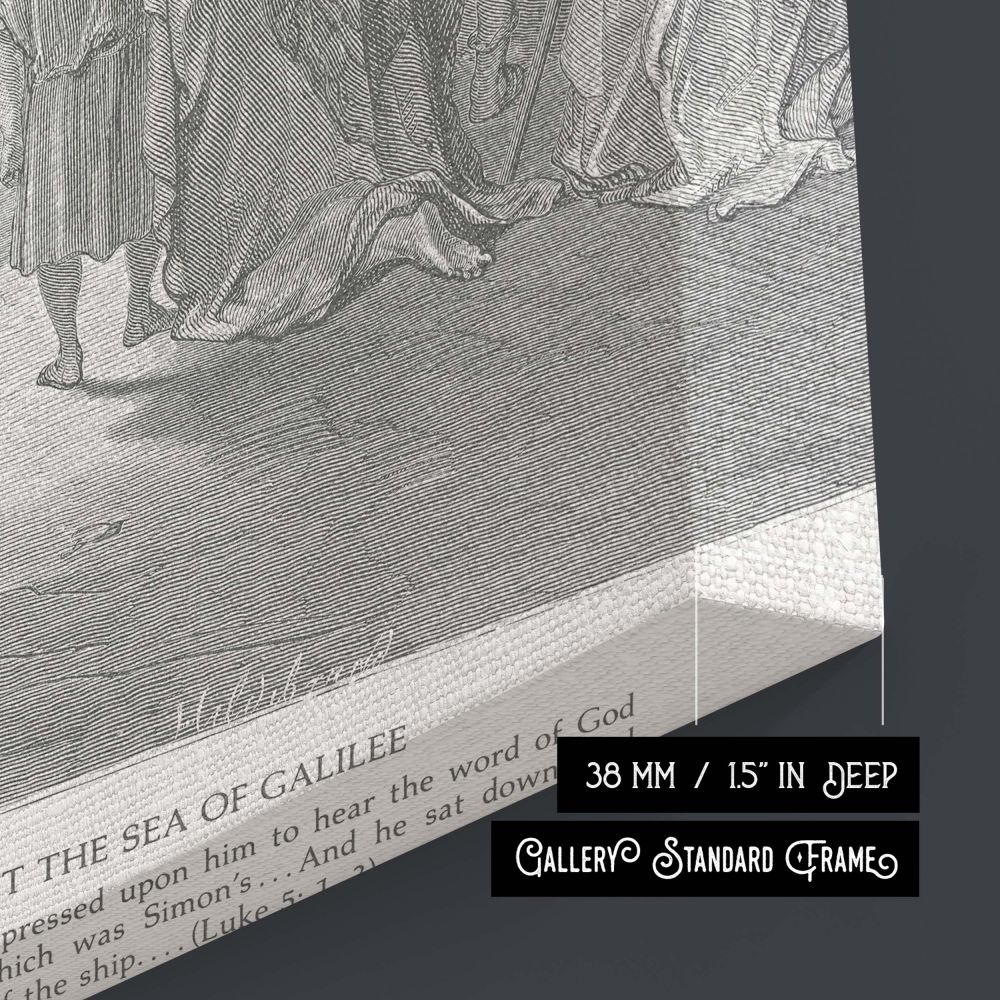 Canvas wall art of Jesus at Galilee shows him teaching with divine poise from Simon Peter's boat, surrounded by listeners of all ages, brought to life in Dore's dramatic engraving style for scripture-centered decor or sacred spaces.