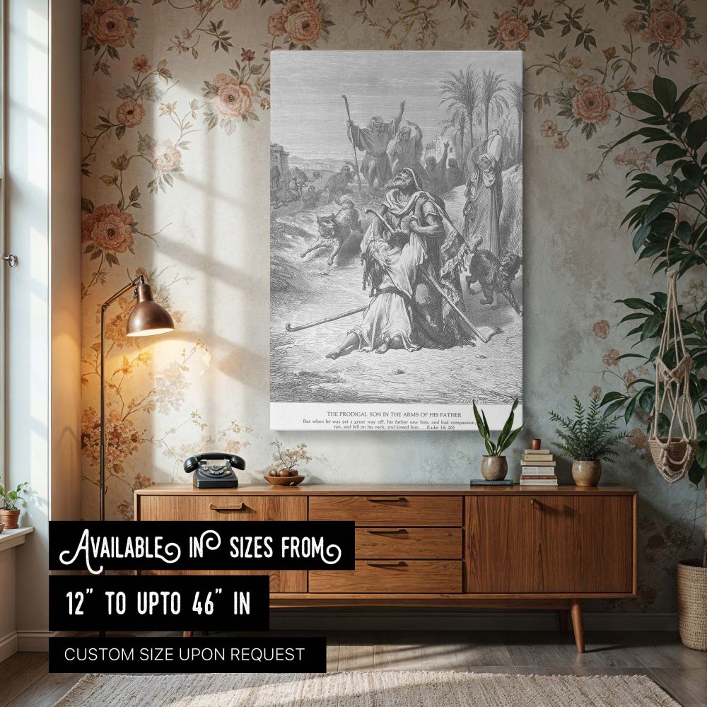 Canvas wall art of The Prodigal Son in His Father's Arms by Gustave Dore shows the emotional return of the lost son as he collapses at his father's feet in repentance, a powerful biblical message of mercy and unconditional love ideal for Christian home or