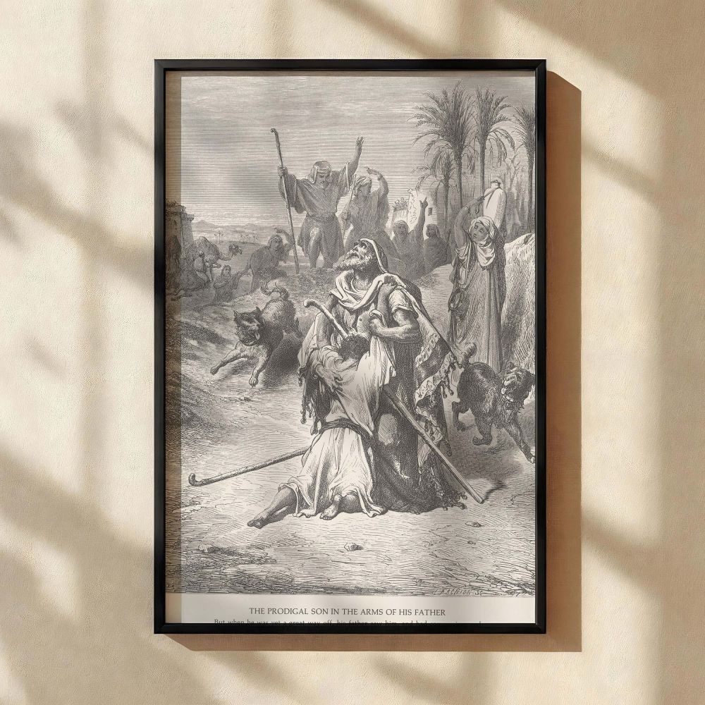 Gustave Dore's canvas wall art illustrates the Parable of the Prodigal Son with striking emotion as the father embraces his returning child, a moving gospel scene that conveys themes of redemption, forgiveness, and divine compassion for religious interior