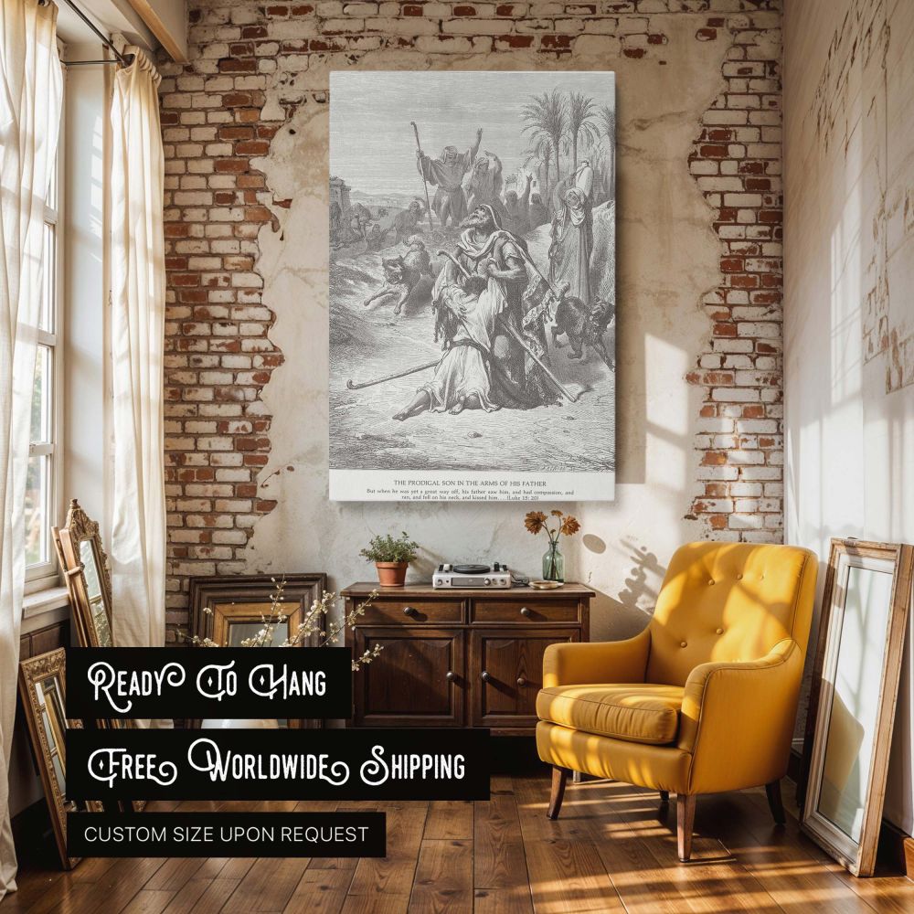 Biblical canvas wall art depicting the powerful moment when the father rushes to embrace his humbled son, from the Gospel of Luke, engraved by Gustave Dore in dramatic lines and expressions, ideal for homes, prayer spaces, or church walls.