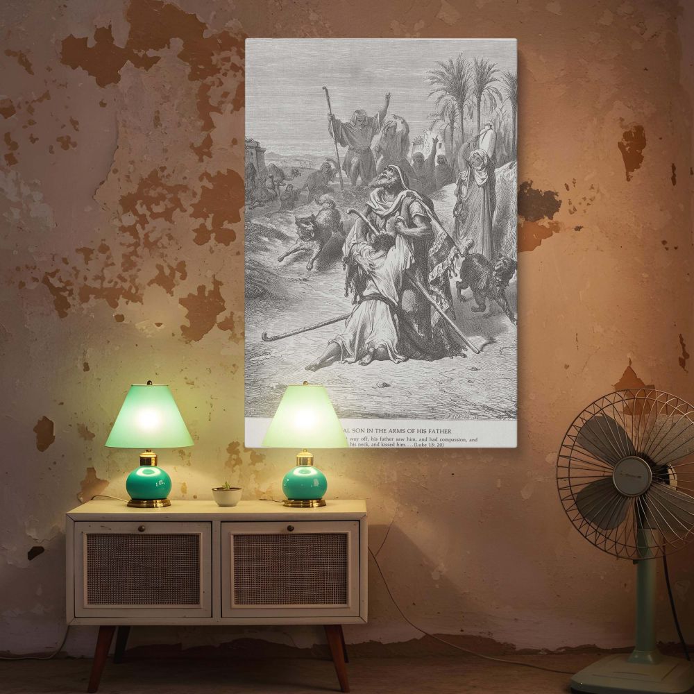 Powerful Christian canvas wall art showing the prodigal son's return as interpreted by Gustave Dore, where themes of repentance, mercy, and healing are visually captured in a deeply emotional engraving ideal for sacred environments.