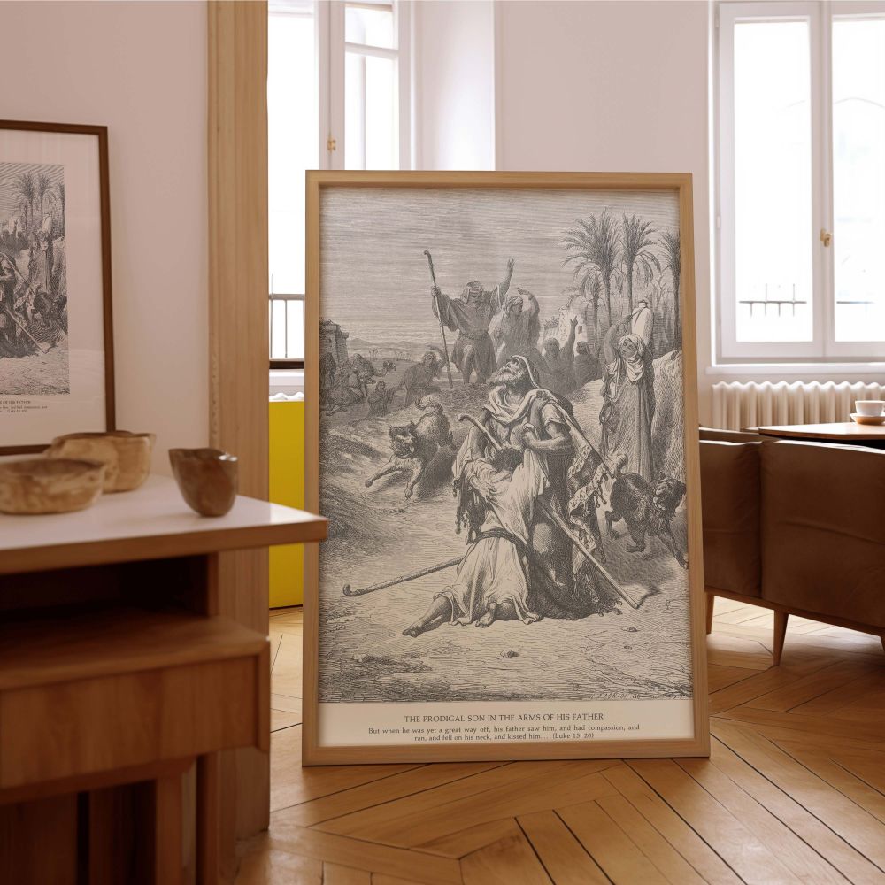 Emotional canvas wall art capturing the essence of forgiveness as the prodigal son is embraced by his father in Dore's iconic illustration, making this a timeless religious artwork for anyone seeking grace-filled decor.