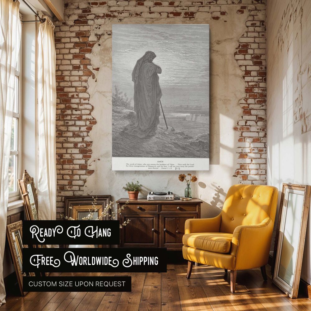 This beautiful black and white canvas features Gustave Dore's engraving of the biblical Prophet Amos. The solemn figure stands alone at dawn, staff in hand, gazing into the distance. The sky glows softly above a distant village. A powerful yet peaceful co