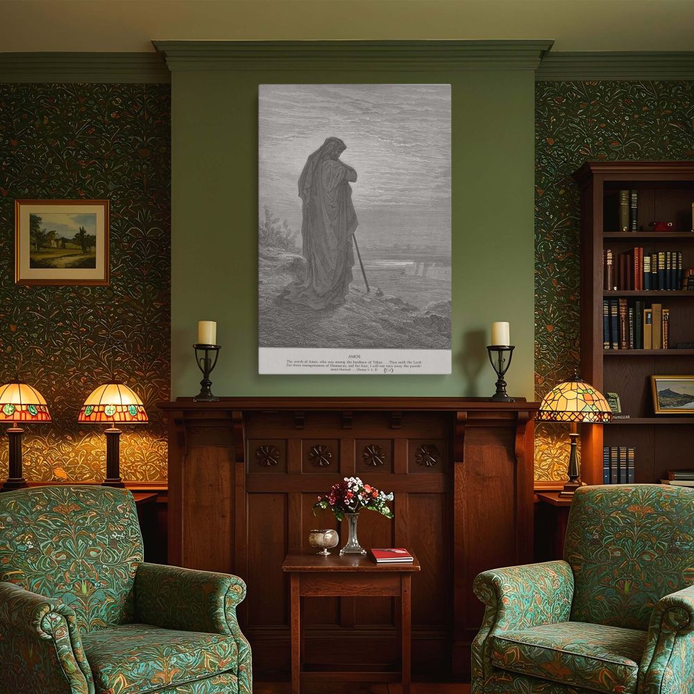 Featuring the Prophet Amos in a solitary and contemplative moment, this wall canvas recreates Gustave Dore's biblical engraving in fine detail. The figure stands atop a rocky terrain, looking toward a calm horizon, wrapped in flowing robes with a staff fo