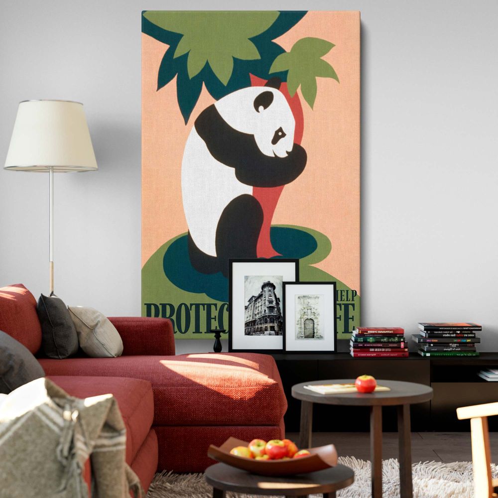 Minimalist wall canvas featuring a panda hugging a tree with bold colors and the message 