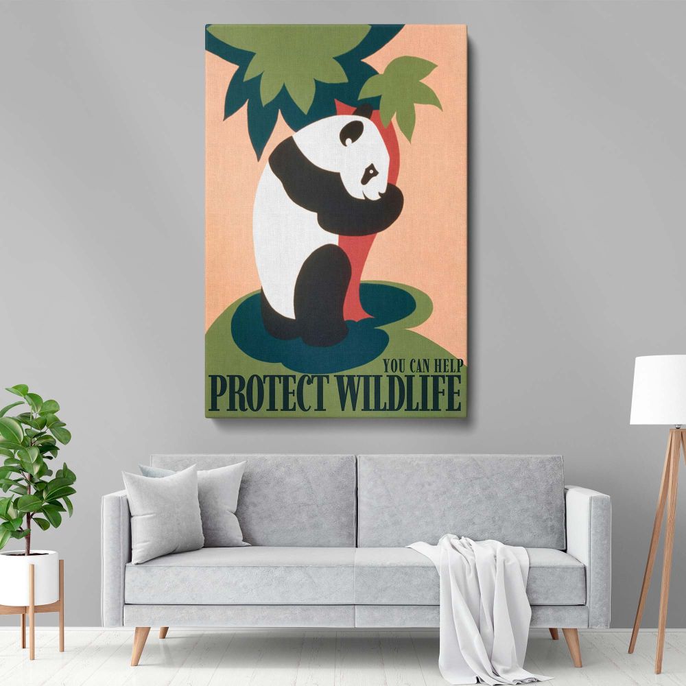 Artistic conservation-themed canvas featuring a panda holding onto a tree with bold tones and the words 