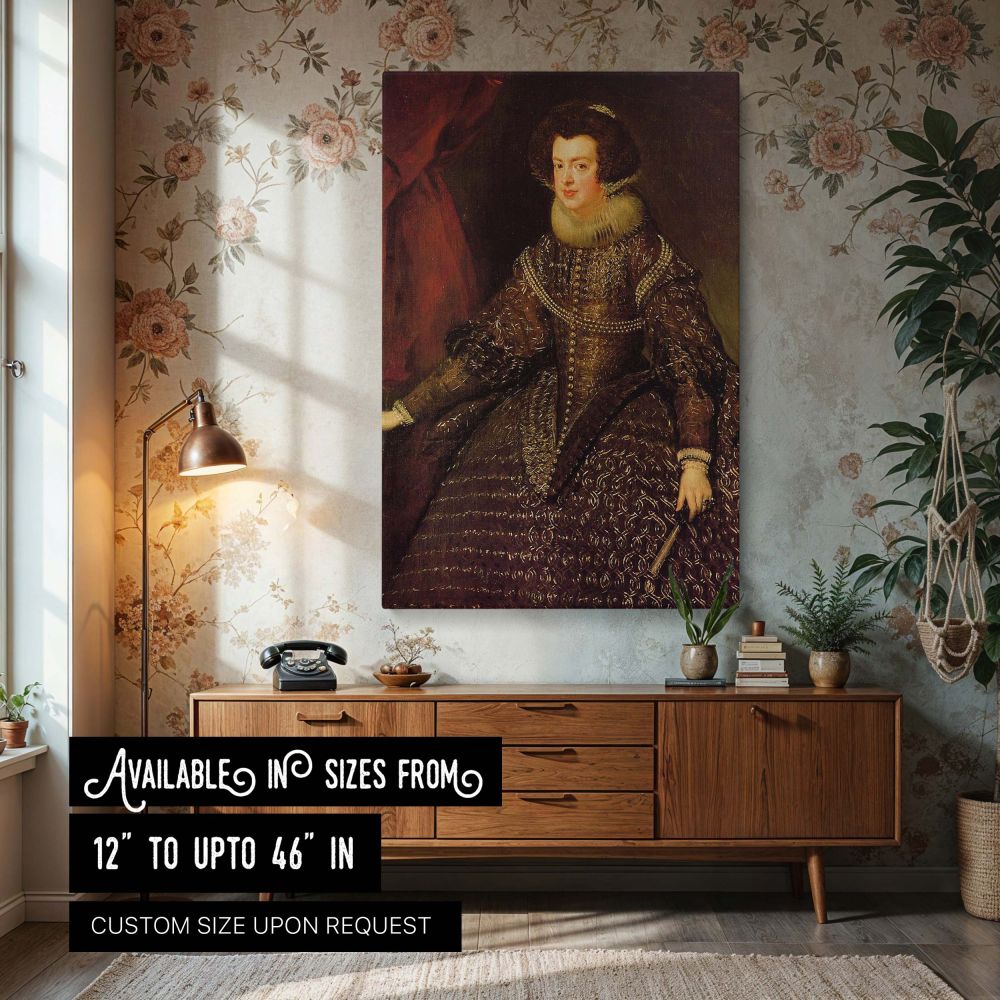 This canvas wall art features the regal portrait of Queen Isabel de Borbon by Diego Velazquez, depicting her in luxurious baroque dress with intricate embroidery and a delicate ruff collar, reflecting the elegance of Spanish royalty and bringing museum-le