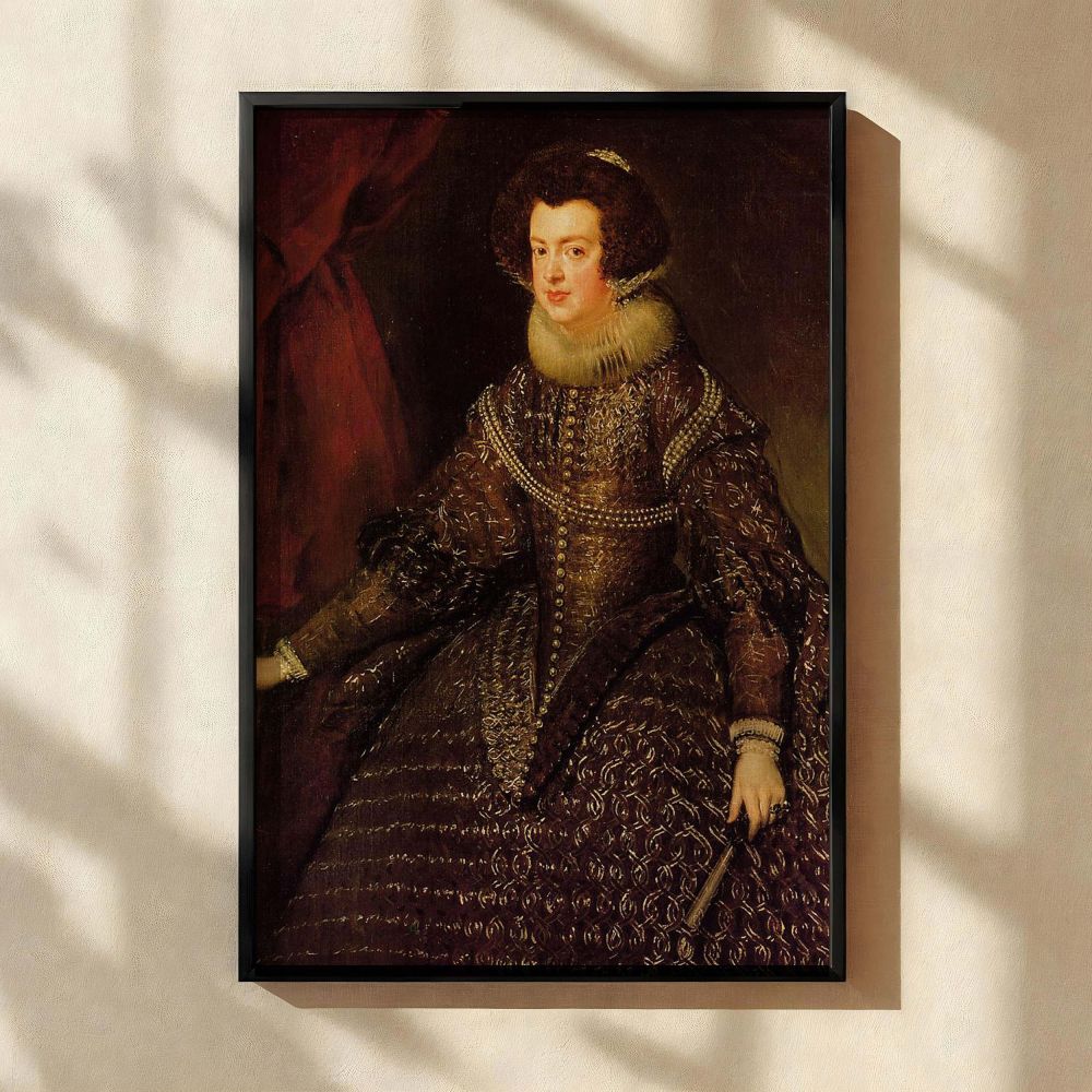 A stunning canvas wall art reproduction of Diego Velazquez's portrait of Queen Isabel de Borbon, showcasing her composed expression, richly adorned gown, and royal posture, perfect for classic interiors that value historical depth and the splendor of baro