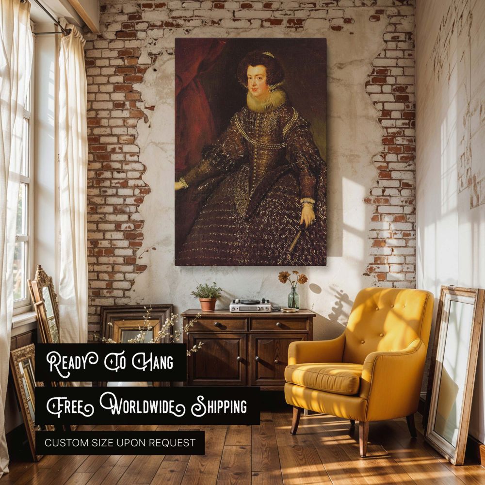 Diego Velazquez's canvas wall art of Queen Isabel de Borbon captures her elegant stance and detailed court attire, combining baroque fashion with noble poise, ideal for art lovers who appreciate Spanish golden age masterpieces and refined historical portr