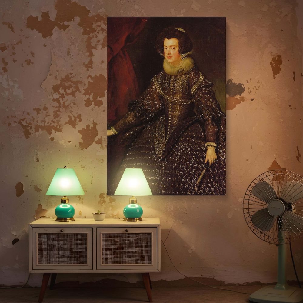 This canvas wall art presents Queen Isabel de Borbon painted by Diego Velazquez, adorned in rich fabrics and baroque jewels, offering a noble and timeless focal point for traditional home decor, scholarly interiors, or royal art collections.