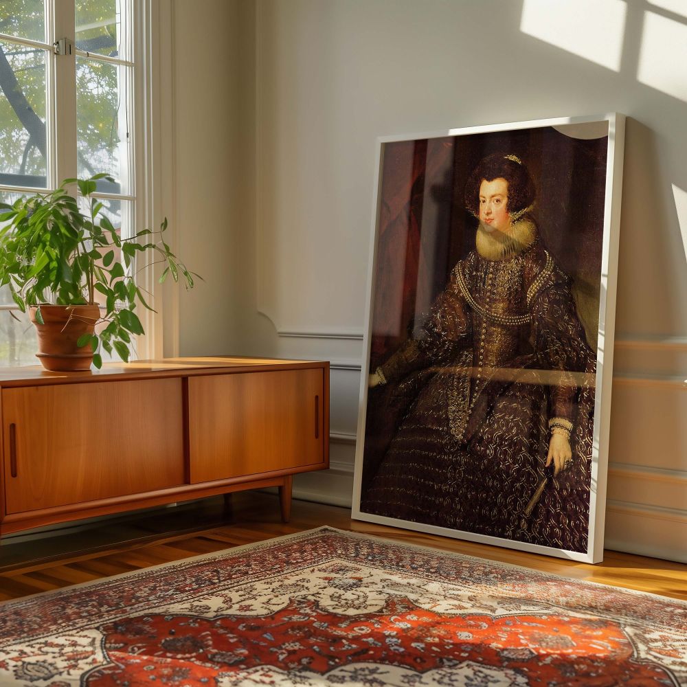 A beautiful canvas wall art piece of Queen Isabel de Borbon by Diego Velazquez, highlighting her stately appearance and luxurious costume, rendered with painterly finesse, perfect for those seeking museum-quality reproductions of old master portraits.