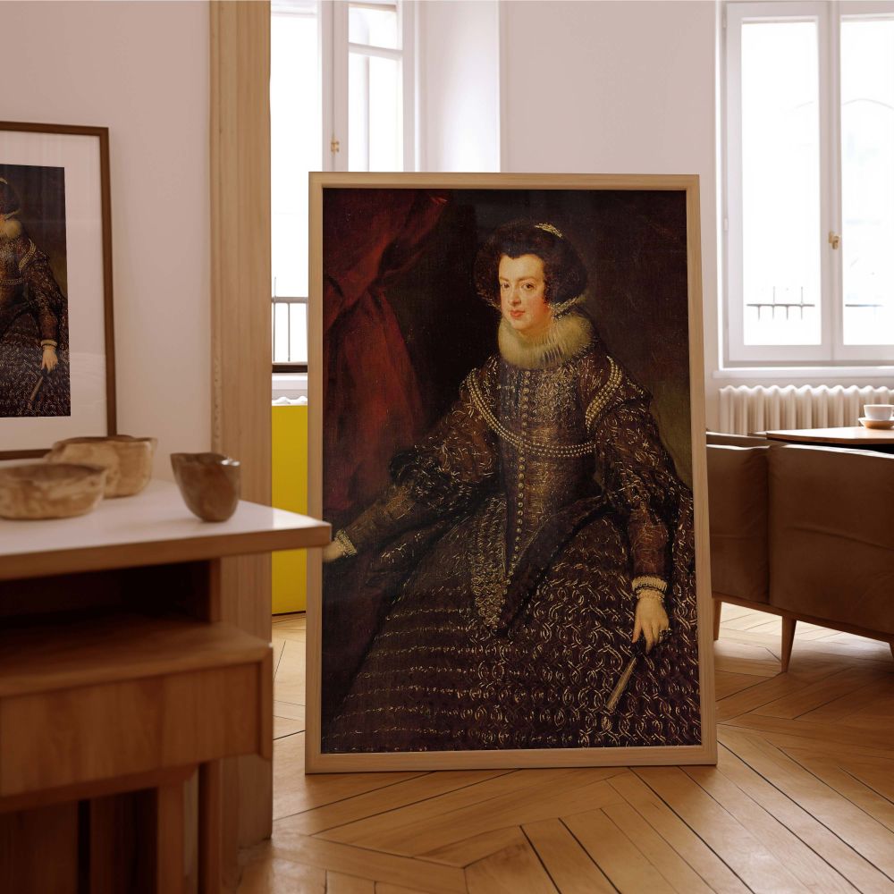 Canvas wall art reproduction of Queen Isabel de Borbon by Diego Velazquez displays her dignified form, elegant ruffled collar, and elaborate gown, capturing the visual grandeur and heritage of 17th-century Spanish royalty in a historically resonant artwor