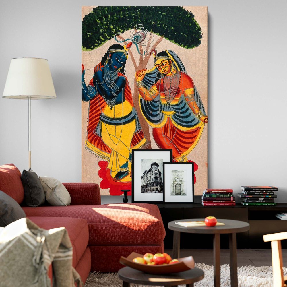 Watercolour painting of Radha and Krishna under a tree, Krishna playing the flute while Radha dances gracefully, symbolizing their divine love and devotion, created in a vibrant traditional Indian art style for spiritual and cultural decor.