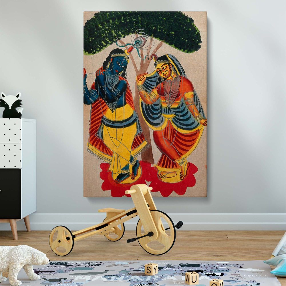 Radha Krishna watercolour artwork on canvas depicting Krishna serenading Radha with his flute under a serene tree, a timeless piece of Indian folk art rich with intricate patterns and bold colors, perfect for home decor or gifting.