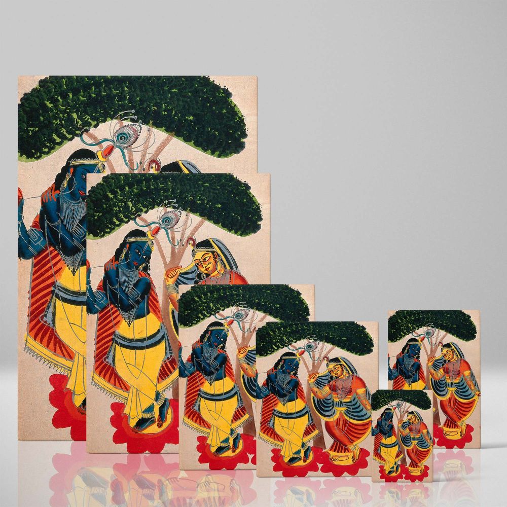 Exquisite watercolour artwork showing Radha and Krishna in a traditional style under a lush green tree, blending vibrant colors and intricate detailing to depict their eternal bond and spiritual connection, ideal for decor or gifting.