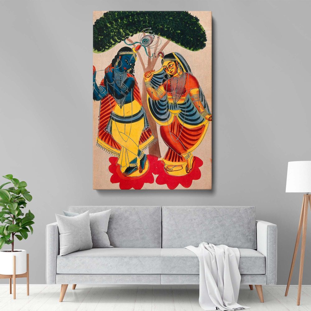 Artistic watercolour canvas of Radha and Krishna, portraying their divine love through Krishna's flute music and Radha's graceful dance, a masterpiece of Indian art full of rich colors and cultural significance for spiritual home decor.