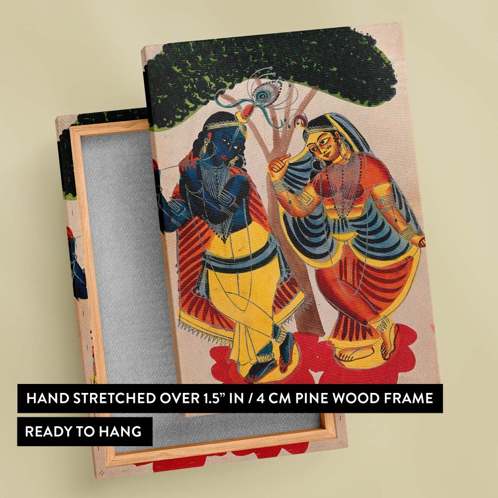Beautiful watercolour painting of Radha and Krishna under a tree, capturing Krishna's devotion through his flute and Radha's elegance in dance, a vibrant piece of Indian art that celebrates their divine love and spiritual connection.