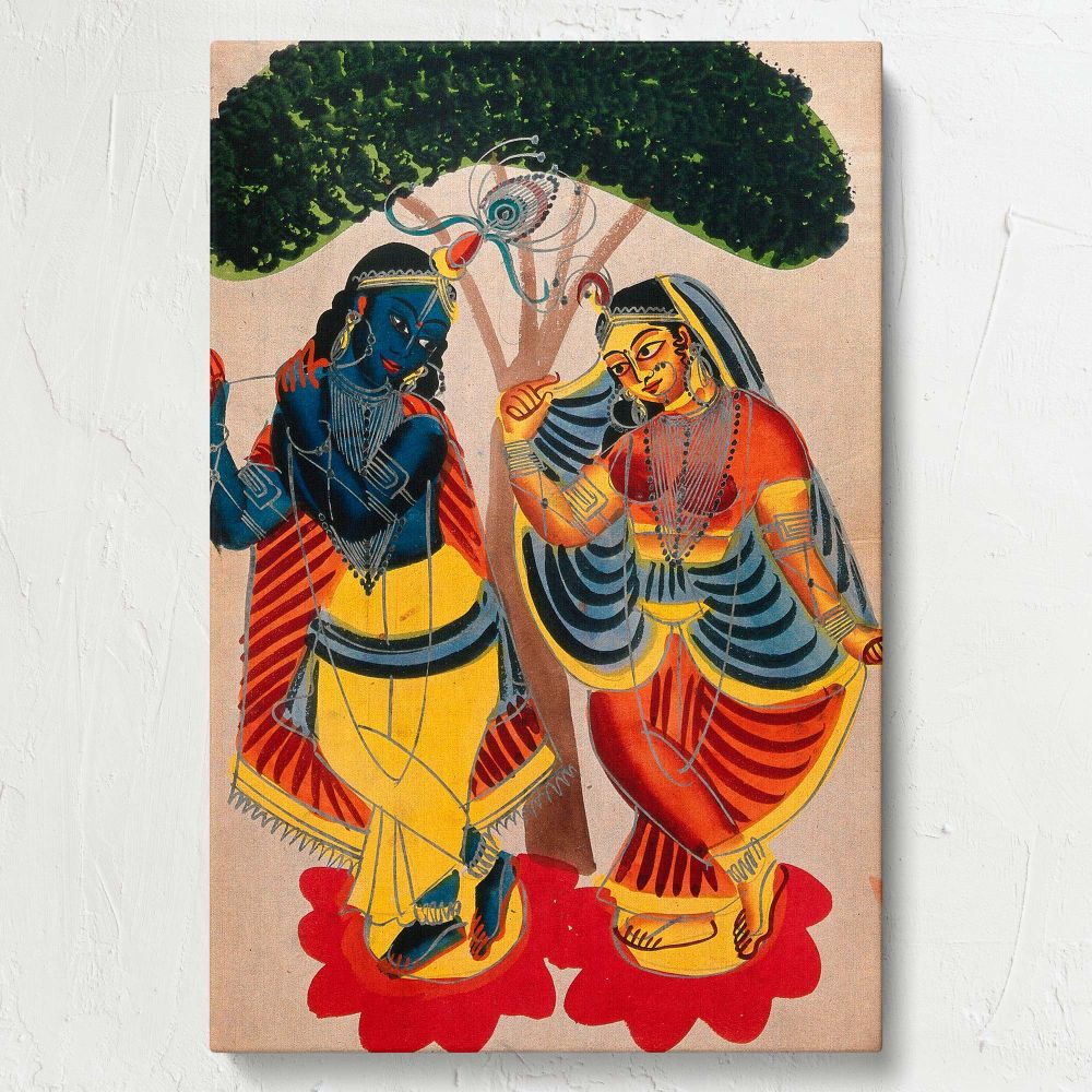 Traditional artwork of Radha and Krishna painted with watercolours, illustrating Krishna playing the flute and Radha joyfully dancing under a tree, blending folk art elements with vibrant patterns for a culturally rich decor piece.