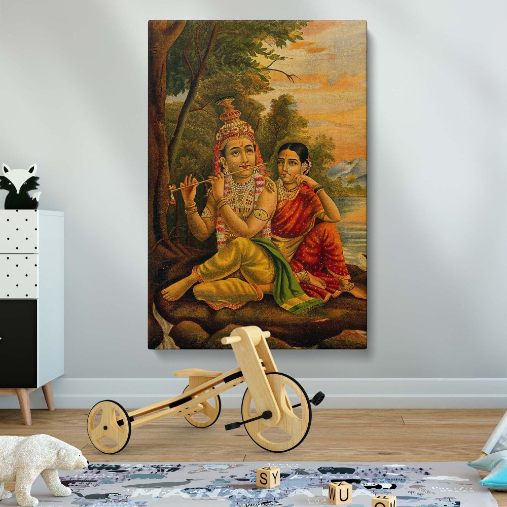 Radha seated beside Krishna as he plays his flute near a tranquil riverside, depicted in traditional Indian art with vibrant colors and intricate patterns, reflecting the spiritual bond and eternal love of the divine couple in Hindu mythology.