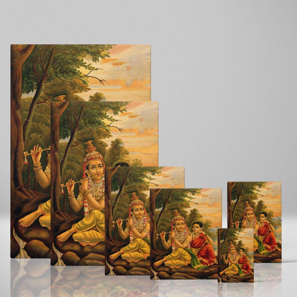 Radha and Krishna depicted in traditional Indian art, with Krishna playing his enchanting flute as Radha lovingly listens, set in a scenic natural setting with a glowing sunset and lush trees, symbolizing devotion and divine love.